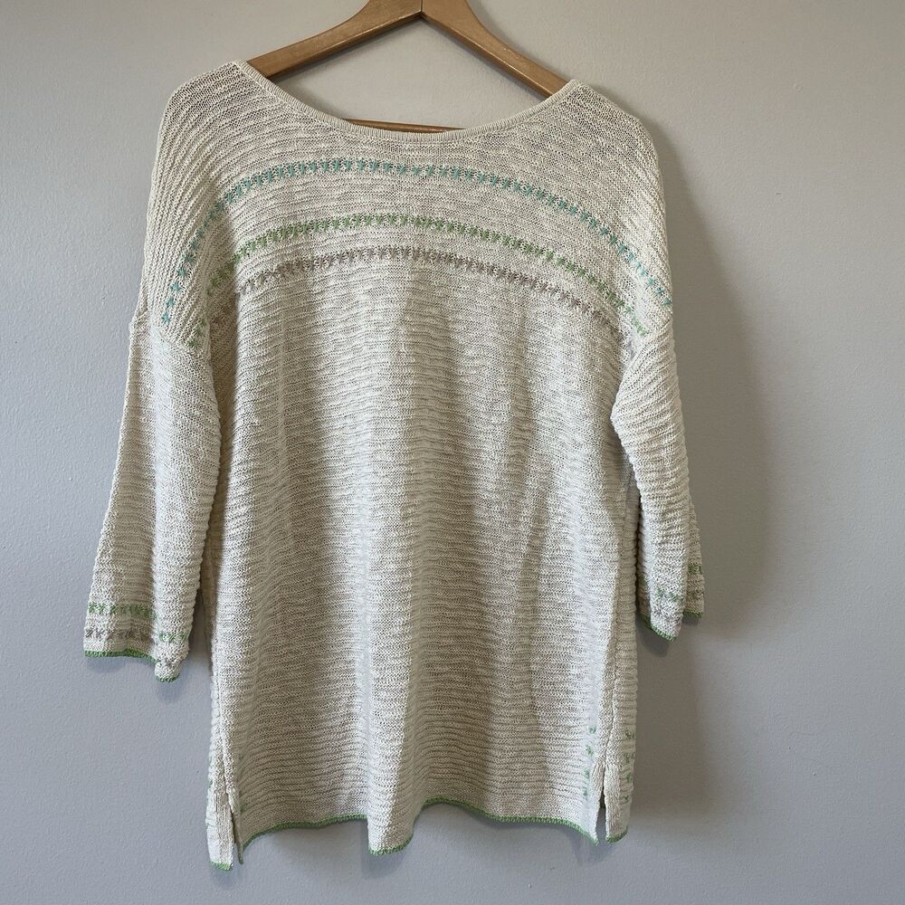 J. Jill Womens Open Knit Sweater  LP Embroidery Stitching Drop Shoulder Cream